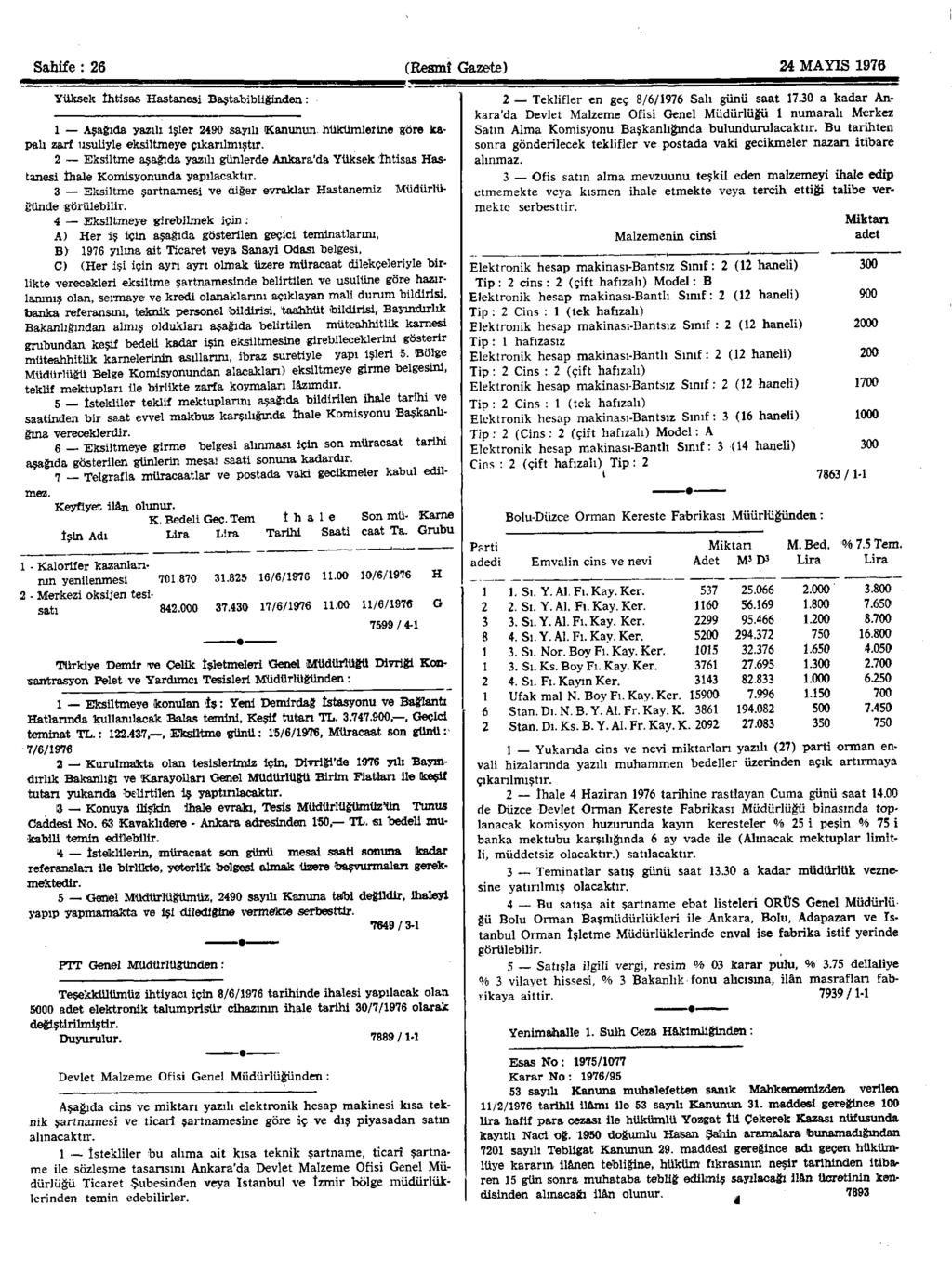 Sahife : 26 (Resmî Gazete) 24 MAYIS 1976 Yüksek ihtisas Hastanesi Baştabibliğinden : 1 Aşağıda yazılı işler 2490 sayılı Kanunun, hükümlerine göre kapalı zarf usuliyle eksiltmeye çıkarılmıştır.