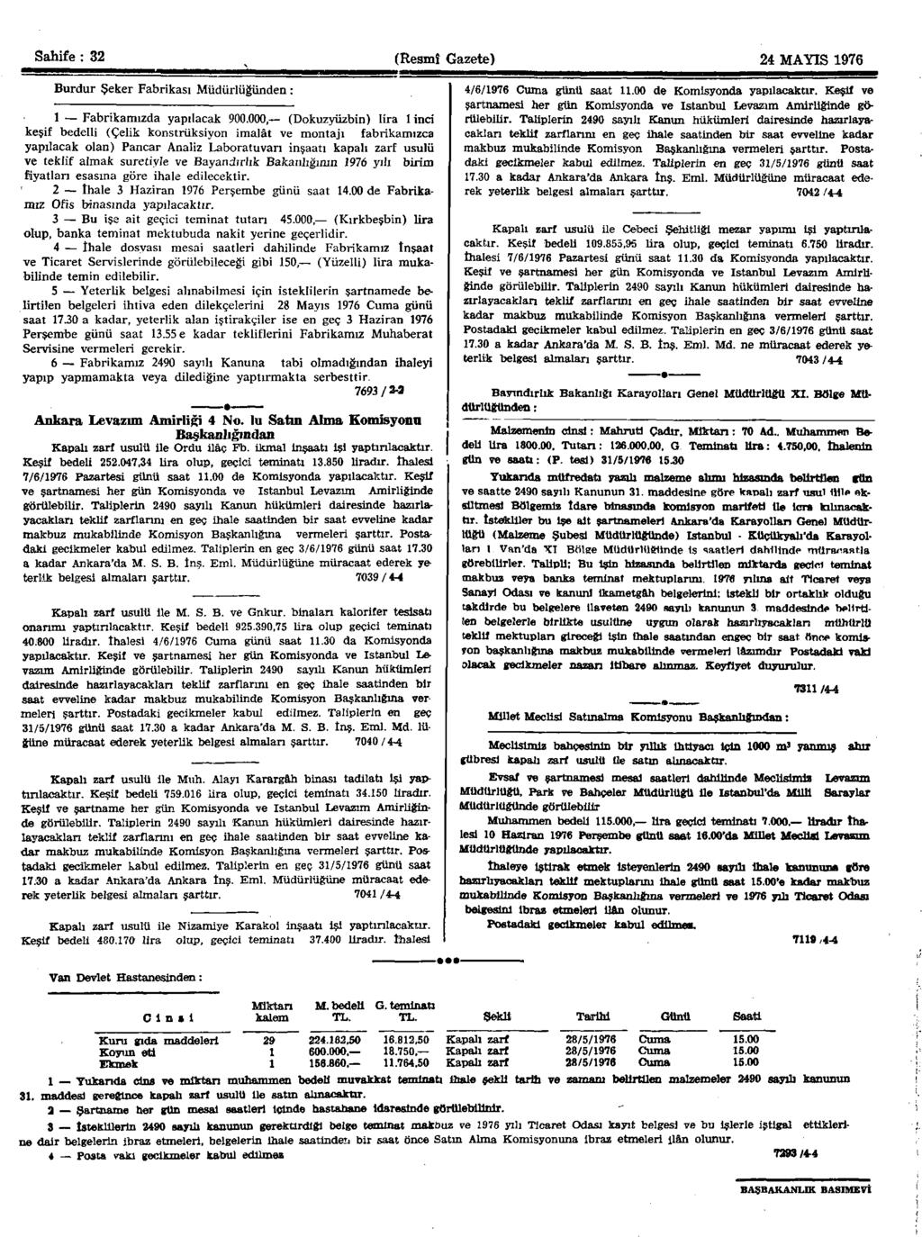 Sahife : 32 (Resmî Gazete) 24 MAYIS 1976 Burdur Şeker Fabrikası Müdürlüğünden : 1 Fabrikamızda yapılacak 900.