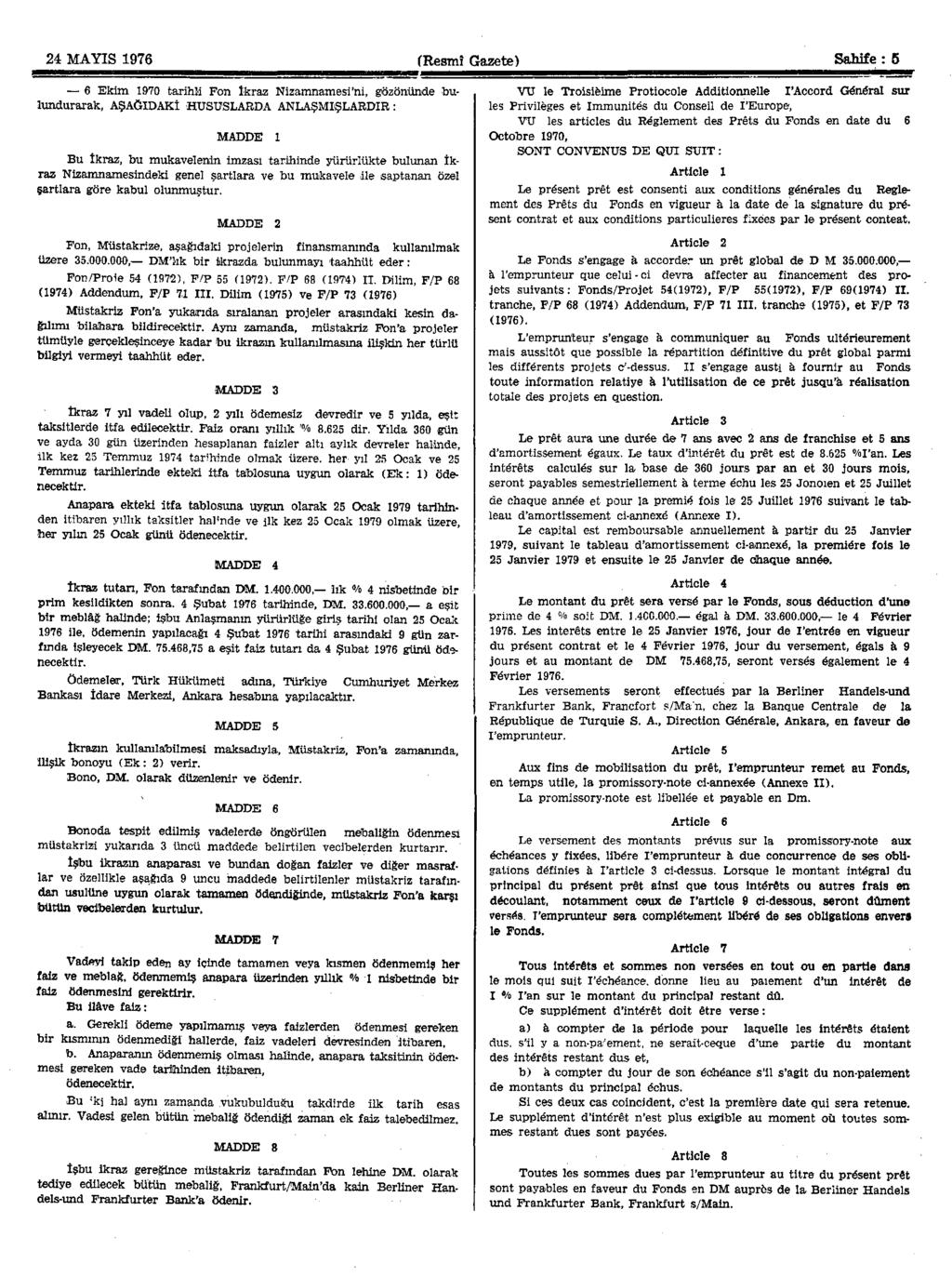 24 MAYIS 1976 (Resmî Gazete) Sahif e : 5 6 Ekim 1970 tarihli Fon İkraz Nizamnamesi'ni, gözönünde bulundurarak, AŞAĞIDAKİ HUSUSLARDA ANLAŞMIŞLARDIR: MADDE 1 Bu İkraz, bu mukavelenin imzası tarihinde