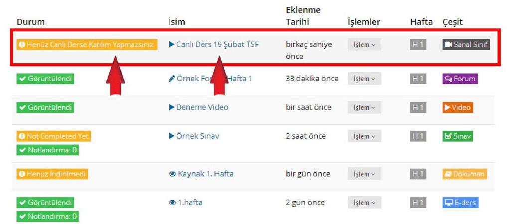 Sanal Sınıf Erişimi Sanal sınıf, sistemde yapılan canlı dersleri temsil etmektedir. Canlı dersler eşzamanlı derslerdir. Sanal sınıfa giriş yapmak için aktivite adına tıklamanız yeterlidir.