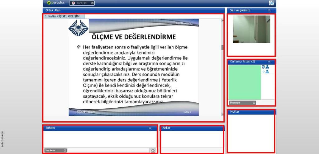 Öğretim elemanı paylaşım alanında power point sunusu, ekran paylaşımı ya da beyaz tahta uygulaması başlatabilir.