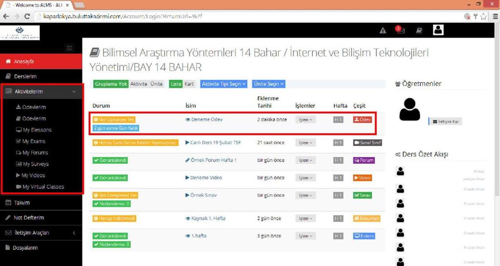 Ödevler sisteme öğretim elemanı tarafından belli bir süreliğine yüklenir.