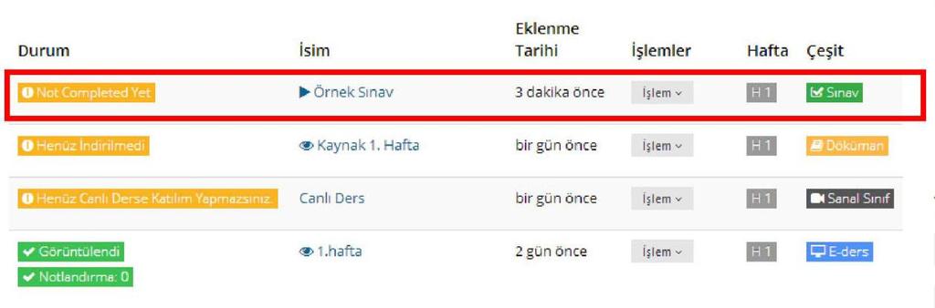 Sınav Erişimi Aktivite listesinde Örnek Sınav başlıklı bir uygulama görülmektedir. Bu uygulamanın solunda henüz tamamlanmadığını gösteren bir ifadeyi göreceksiniz.