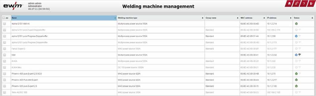 ewm Xnet Makine yönetimi Tüm kaynak makinelerinin genel liste gösterimi