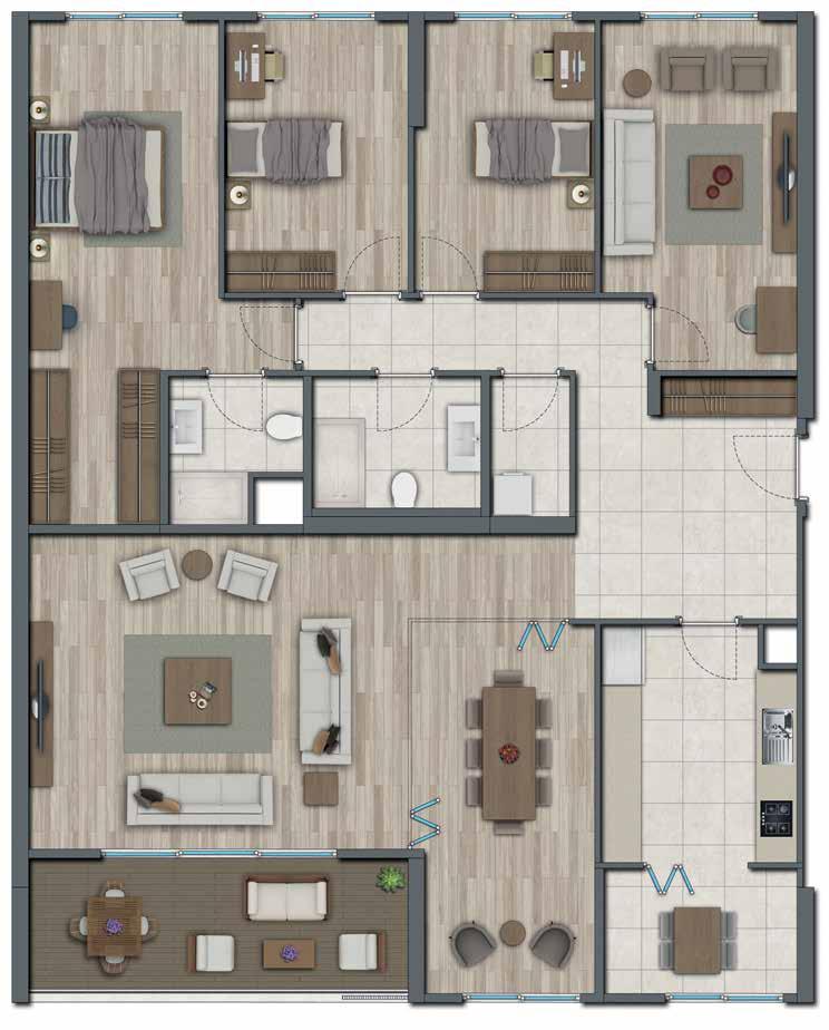 4.1.A 236,00 m 2 (Satış Alanı) C ve G Blok 1., 2., ve 5. Katlar Yatak Odası 2: 11,40 m 2 Yatak Odası 1: 10,99 m 2 Oturma Odası: 14,79 m 2 E. Yatak Odası: 21,09 m 2 Koridor: 5,62 m 2 E.