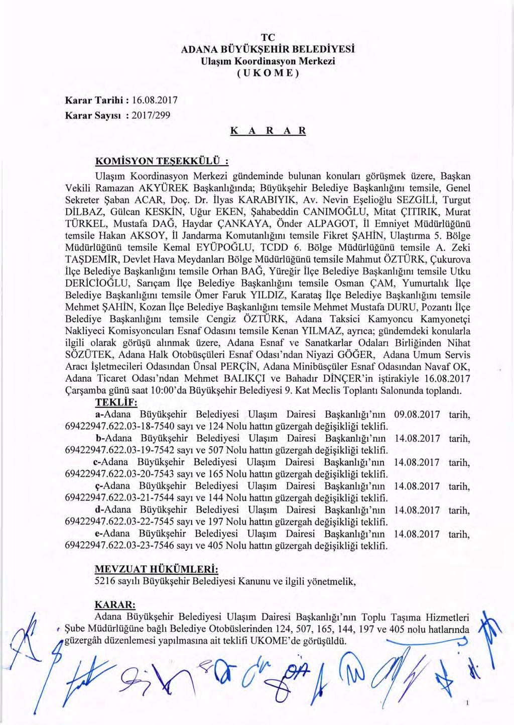 TC ADANA BfJyUK~EHiR BELEDiYESi Ula~lm Koordinasyon Merkezi (UKOME) Karar Tarihi : 16.08.