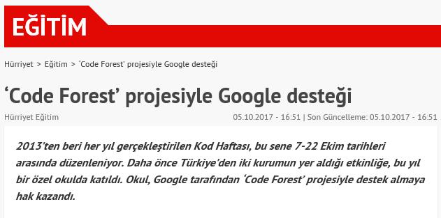 Google tarafından Avrupa Kod haftası kapsamında düzenlenen programa ilk defa başvuran Anabilim Eğitim Kurumları, Code Forest projesi ile destek almaya hak kazandı.