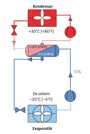 6 R717, R 134a, R 404A 1-2 CO 2 kompresöründe izentropik sıkıştırma 2-3 Kaskad kondenserde (kovan tipi) CO 2'in sabit basınçta yoğuşması 3-4 Genleşme valfinde sıvı CO 2'in genleşmesi 4-1 Subkritik