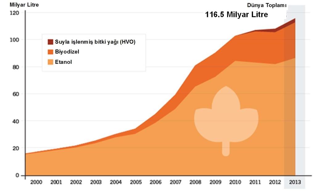 Dünyada sıvı biyoyakıt üretimi 2000 yılından bu yana çok hızlı bir artış göstermiştir. Şekil 10.