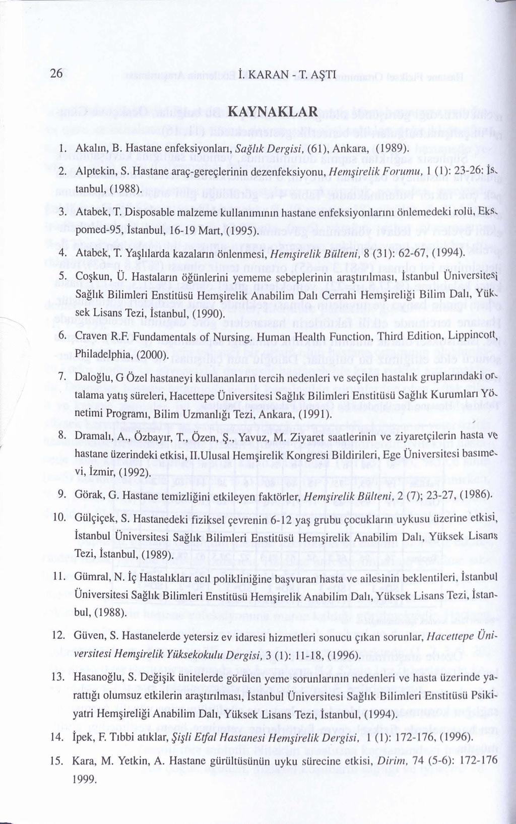 26 i. KARAN - T. A~TI KAYNAKLAR I. Akalm, B. Hastane enfeksiyonlan, Sagltk Dergisi, (61), Ankara, (1989). 2. Alptekin, S.