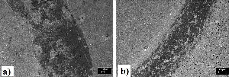 G. NİŞLİ et al./ ISITES207 Baku - Azerbaijan 565 Şekil 6. a) ve b) 3 saat borlanan numunelerin 0 N yük altındaki aşınma izlerinden çekilen SEM görüntüleri.