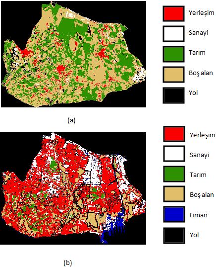 Şekil 5.8 : Kontrollü sınıflandırma sonucu (a) 1984 yılına ait uydu görüntüsü, (b) 2011 yılına ait uydu görüntüsü. 5.3 Doğruluk Analizi Yapılan kontrollü sınıflandırma işleminin doğruluğunu analiz etmek için, her bir sınıfa ait referans pikselleri seçilmiştir.