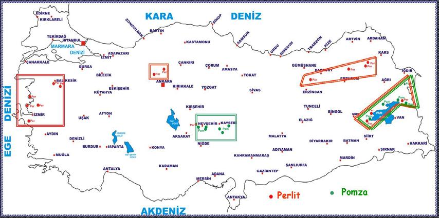 Tablo 2.4. Türkiye pomza rezerv dağılımı Yeri Rezerv Miktarı Yeri Rezerv Miktarı Nevşehir-Avanos-Ürgüp 404.412.834 Van-Molla kasım 5.950.000 Derinkuyu 48.660.500 Ağrı-Patnos 27.812.