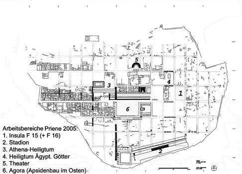 Çizim 1: Stadtplan von Priene, grau gekennzeichnet sind die Arbeitsbereiche der Kampagne 2005. Priene, şehir planı.