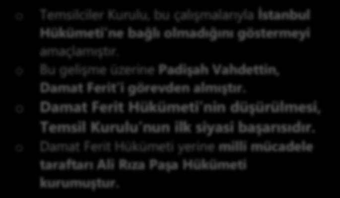 Temsil Kurulu, Ali Galip Olayı nedeniyle tüm yurda çektiği telgraflarda; İstanbul ile tüm haberleşmelerin kesilmesini, Yapılacak tüm çalışmalarda Sivas a bağlı