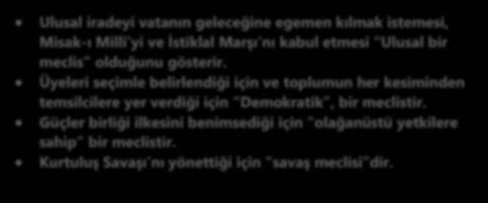 Ancak ulusal birlik ve beraberliği zedelememek için olağanüstü yetkilere sahip meclis tanımlaması yapılmıştır.