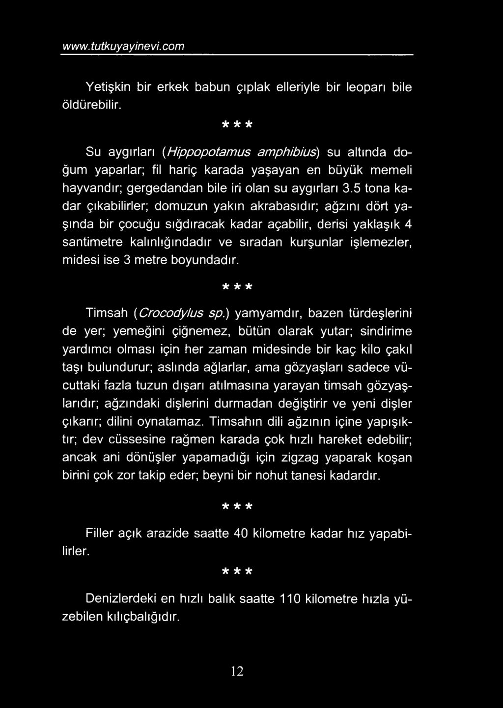 5 tona kadar çıkabilirler; domuzun yakın akrabasıdır; ağzını dört yaşında bir çocuğu sığdıracak kadar açabilir, derisi yaklaşık 4 santimetre kalınlığındadır ve sıradan kurşunlar işlemezler, midesi