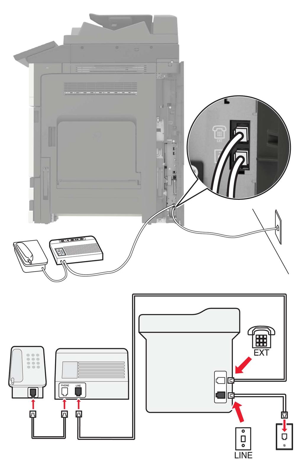 Faks alma/gönderme 42 Aynı telefon prizine bağlı 1 Telefon kablosunun bir ucunu yazıcının arka tarafındaki hat bağlantı