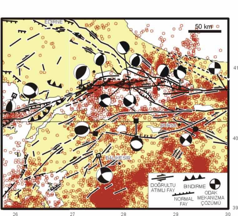 Şekil 1. Bölgenin sismotektonik haritası (Yaltırak vd., 1998; 2000). Fay çözümleri Extröm ve England (1989); Taymaz vd., (1991); Kalafat (1995). 3.