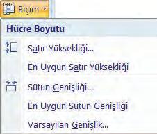 b. Sütun genişliği ve satır yüksekliğini değiştirme: Sütun genişliği veya satır yüksekliği düzenlemek için Giriş sekmesi Hücreler grubunda Biçim düğmesi kullanılır.