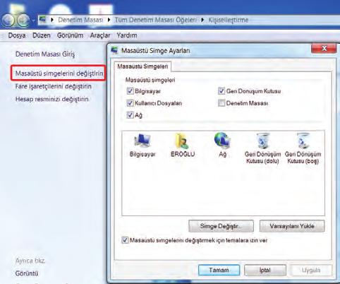 B MASAÜSTÜ EKRAN GÖRÜNTÜSÜNÜN YAPILANDIRILMASI Konuya Hazırlık 1. Kısayol hakkında bildiklerinizi söyleyiniz. 2. Masaüstü simgeleri hakkında bildiklerinizi söyleyiniz. 1. SİMGELERLE (İKONLARLA) ÇALIŞMA Windows 7 de işlemlerin hızlı ve kolay yapılması için temel masaüstü simgeleri vardır.