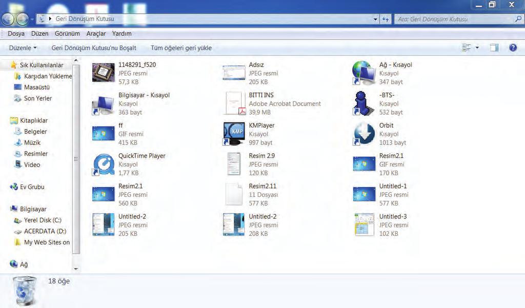 Geri dönüşüm kutusu: Dosya ve klasörlerin silinmek üzere geçici olarak tutulduğu bölümdür. Geri dönüşüm kutusuna atılmış dosya silinmiş değildir.