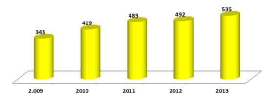 1000 Ton 2013 yılında 2012 yılına kıyasla 3917 GTİP nolu tüp, boru, hortum ve contalar dışındaki tüm mamullerin ithalatında % 3 ile % 36 oranlarında artış görülmektedir.
