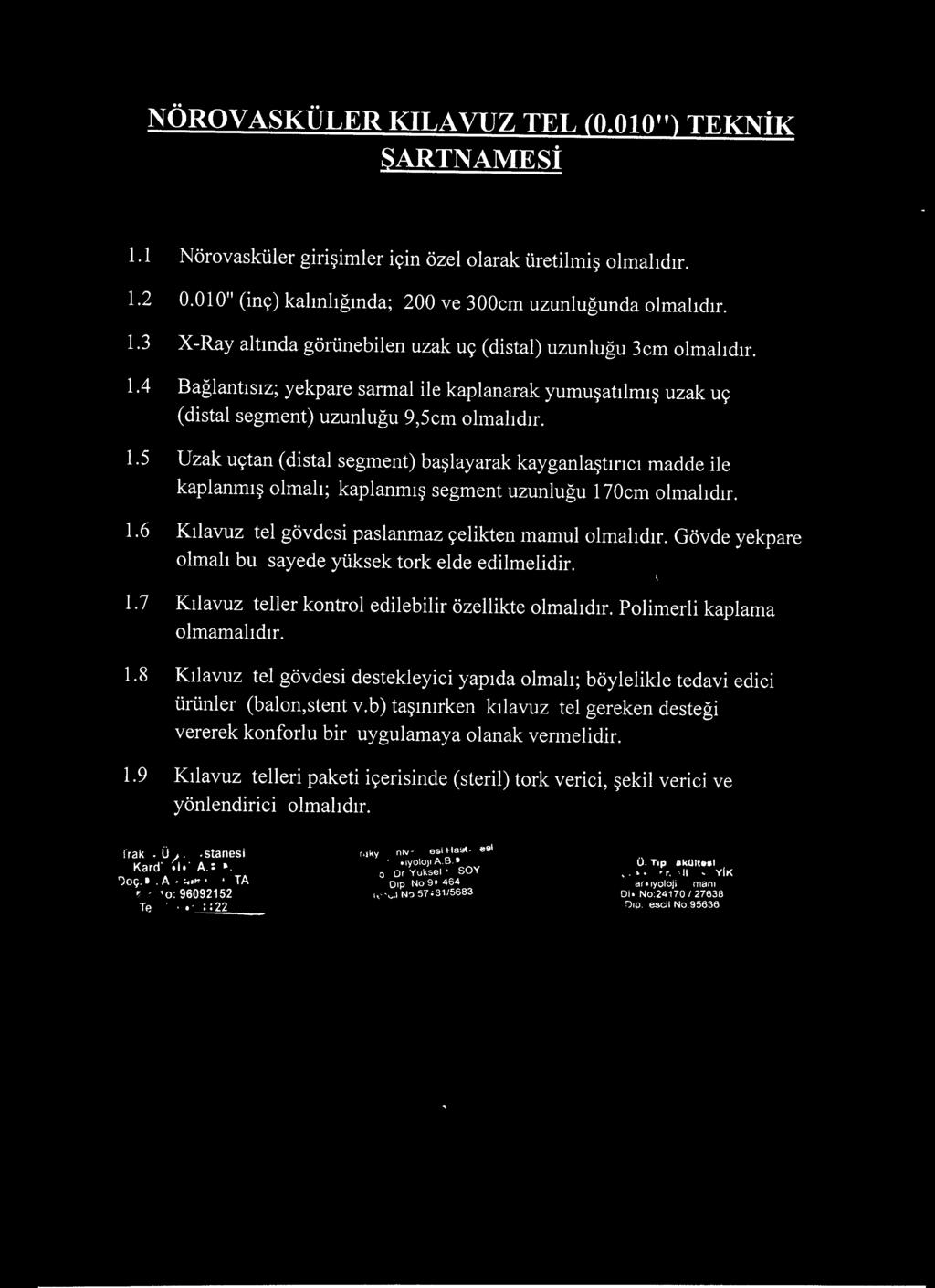 5 Uzak uçtan (distal segment) başlayarak kayganlaştırıcı madde ile kaplanmış olmalı; kaplanmış segment uzunluğu 170cm 1.