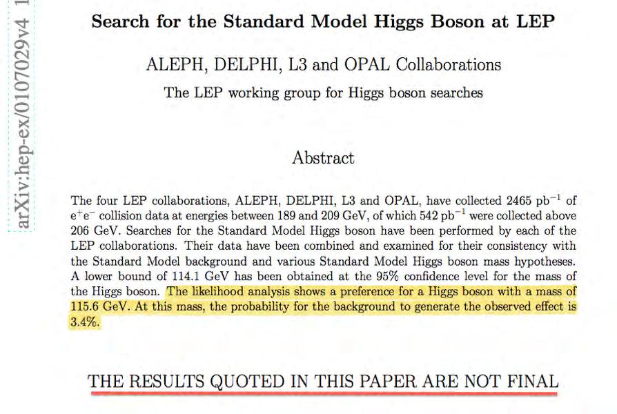 LEP de Higgs Sinyali? s 206 GeV de toplam 0.5 fb -1 veri.