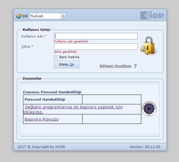 Notlar: 1-Daha önceki yıllarda Erasmus hareketliliğine başvuru yaptıysanız kullanıcı adı ve şifrenizi yazarak sisteme giriş yapabilirsiniz.