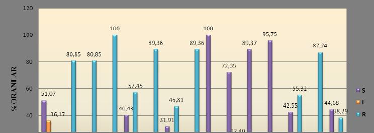 45 Şekil 4.3. Klinik örneklerden izole edilen E. coli suşlarının dirençli, orta duyarlı ve duyarlı % oranları Klinik suşların direnç profili ve ÇAD indeksleri belirlendi (Çizelge 4.6).