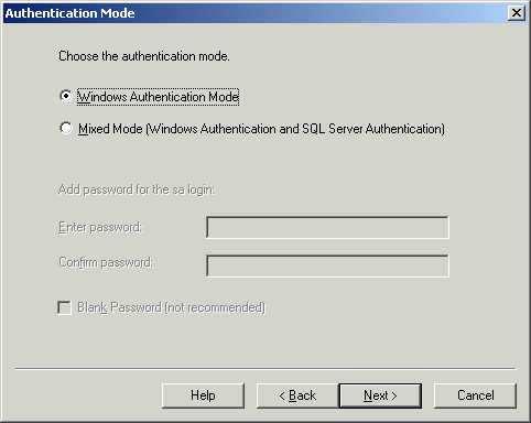 Windows NT ve SQL Server kimlik denetim ( Authentication ) seçeneklerinin belirlendiği bölümdür.