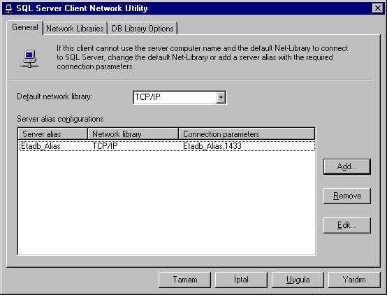 Client Network Utility Programı Bir server Net-Library in aktifleşmesi ardından bu server a ulaşacak client sistemlerinin de konfigüre edilmesi gerekir.