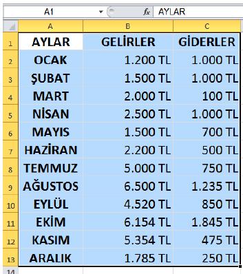 1.Sütun Grafiği Uygulama İs yerimizin bir yıllık gelir gider tablosunu