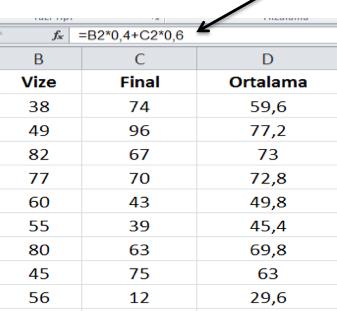 olarak vize final ortalamasını alabileceğimiz formülu