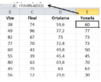 Formüllerle ilgili Uygulama (devam) Formu lu birinci kişiye uyguladıktan sonra Excel in bize sağladığı kolaylıktan faydalanarak diğer hücrelere de uygulayabiliriz formu lu D2 ye yazdıktan sonra D2