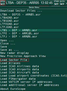 Sektör dosyasını yüklemek için; 1- OPEN SCT 2- Load Sector file 3- Açılan bölümde adlarını ltxx olarak değiştirdiğimiz dosyalardan.sct formatında olanı gösteriyoruz.