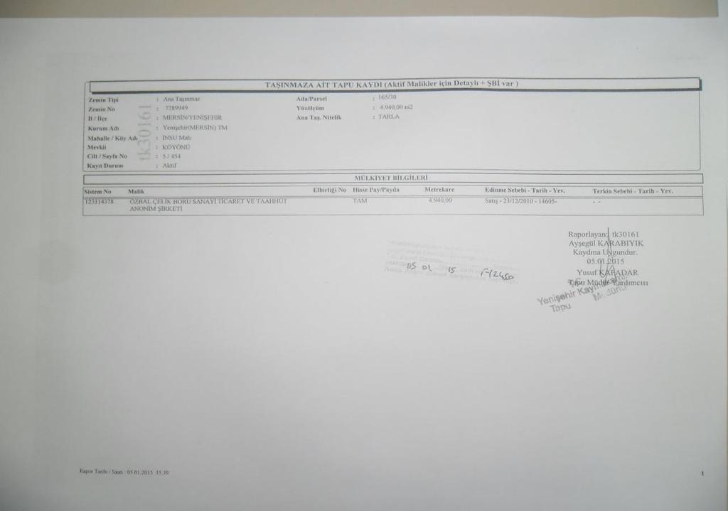 : 30 Ana Gayrimenkul Niteliği : Tarla Ana Gayrimenkul Yüzölçümü : 4.940,00 m 2 Maliği : Özbal Çelik Boru Sanayi Ticaret ve Taahhüt A.Ş. Hissesi : Tam 4.