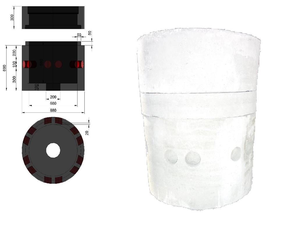 b) Tabanda, 20 cm çapinda açik drenaj deliği bulunmaktadır. c) Borunun girecegi delikler, 10 cm lik gövde duvar kalinliginin dış yuzeyinden itibaren 8 cm lik boş olacak şekilde imal edilip.