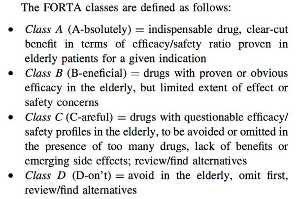 FORTA (Fit for The Aged) Sınıflaması FORTA 2008 Günlük klinik uygulamada uygun olmayan ya da zararlı ilaçların belirlenmesi Yaşlılarla