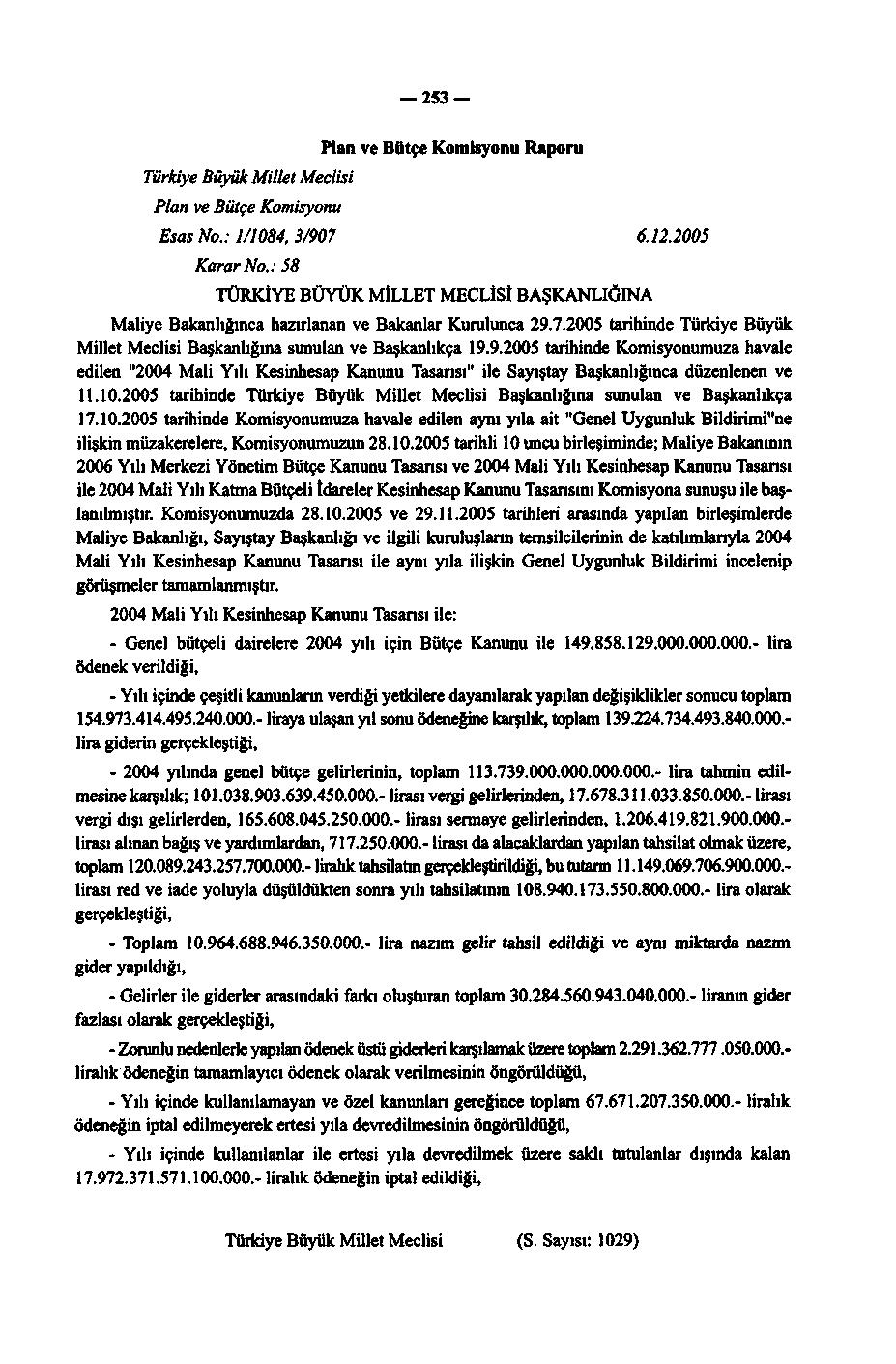 5- Türkiye Büyük Millet Meclisi Plan ve Bütçe Komisyonu Plan ve Bütçe Komisyonu Raporu Esas No.: /8, / 6..5 Karar No.