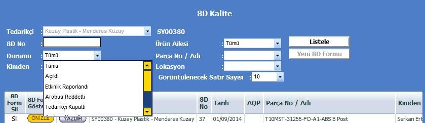 8D Son durumuna göre listeleme yapılabilir Parça no