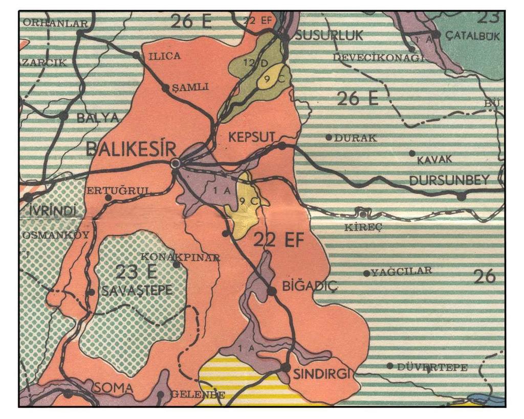 Şekil 75: Balıkesir Ovası ve yakın çevresinin toprak haritası (Oakes, 1958 den).