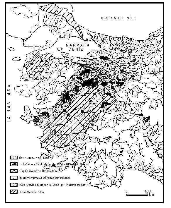 Şekil 8: Üst Kretase mostraları ve Yayla melanjı (Bingöl, 1976: 19 dan). Balıkesir Ovası ve yakın çevresinde, Eosen e kadar denizel ortam hakimdir.