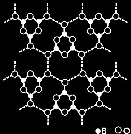 Şekil 1.1 H 3 BO 3 ün Tabakalı Kısmı Şekil 1.2 Tek Tabakalı HBO 2 de Atomların Düzeni Halbuki kübik HBO 2, H bağlarıyla tetrahedral BO 4 gruplarının oluşturduğu kafes bir yapıya sahiptir [3].