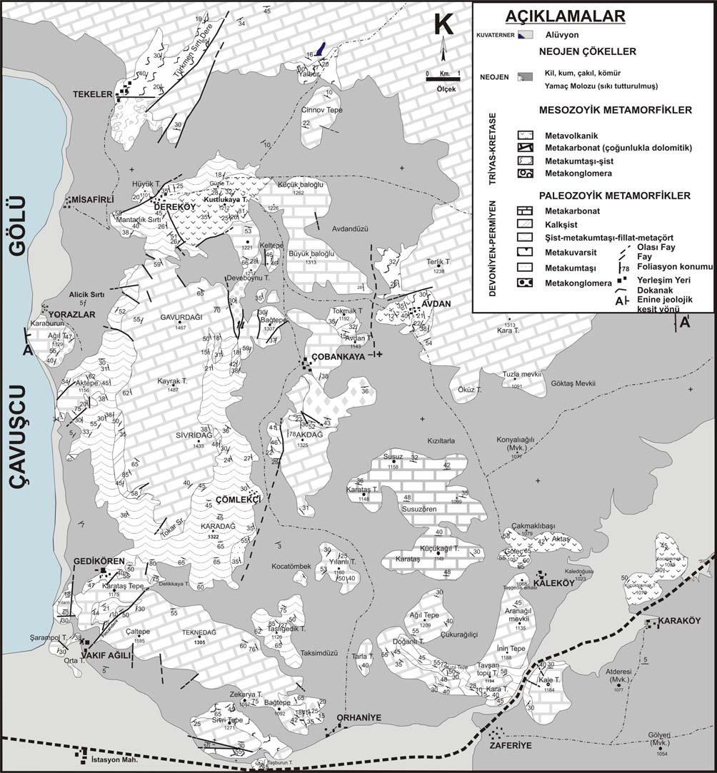 Ilgın (Konya) kuzeyindeki metasediamter ve metavolkanik kayaçların jeolojisi ve jeokimyası Şekil 2. Çalışma alanının jeoloji haritası (1975) tarafından Sızma Formasyonu olarak adlandırılmıştır.