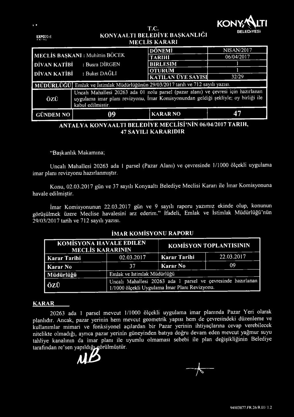 1 OTURUM 1 DİVAN KATİBİ : Buket DAĞLI KATILAN ÜYE SAYISI 32/29 MÜDÜRLÜĞÜ Emlak ve İstimlak Müdürlüğünün 29/03/2017 tarih ve 712 sayılı yazısı.