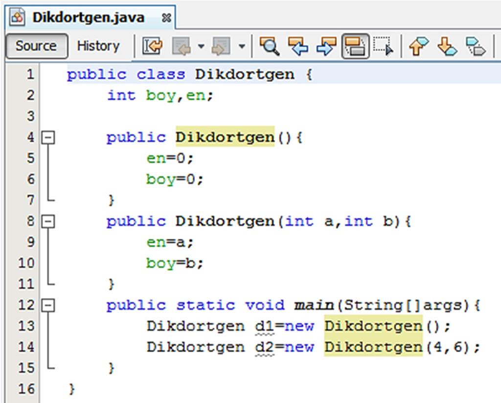 JAVA DA CONSTRUCTOR ÇOK BİÇİMLİLİĞİ Örnek; Dikdortgen sınıfı tanımlanmıştır. Bu dikdörtgen sınıfında tam sayısı en ve boy değişkenleri bulunmaktadır.