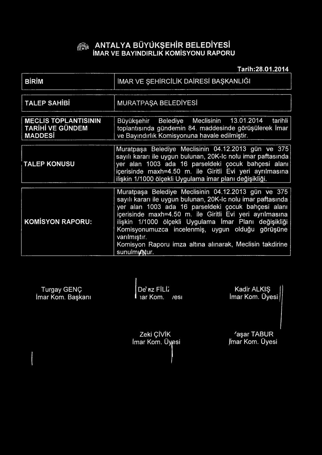 01.2014 tarihli toplantısında gündemin 84. maddesinde görüşülerek İmar ve Bayındırlık Kom isyonuna havale edilmiştir. Muratpaşa Belediye Meclisinin 04.12.