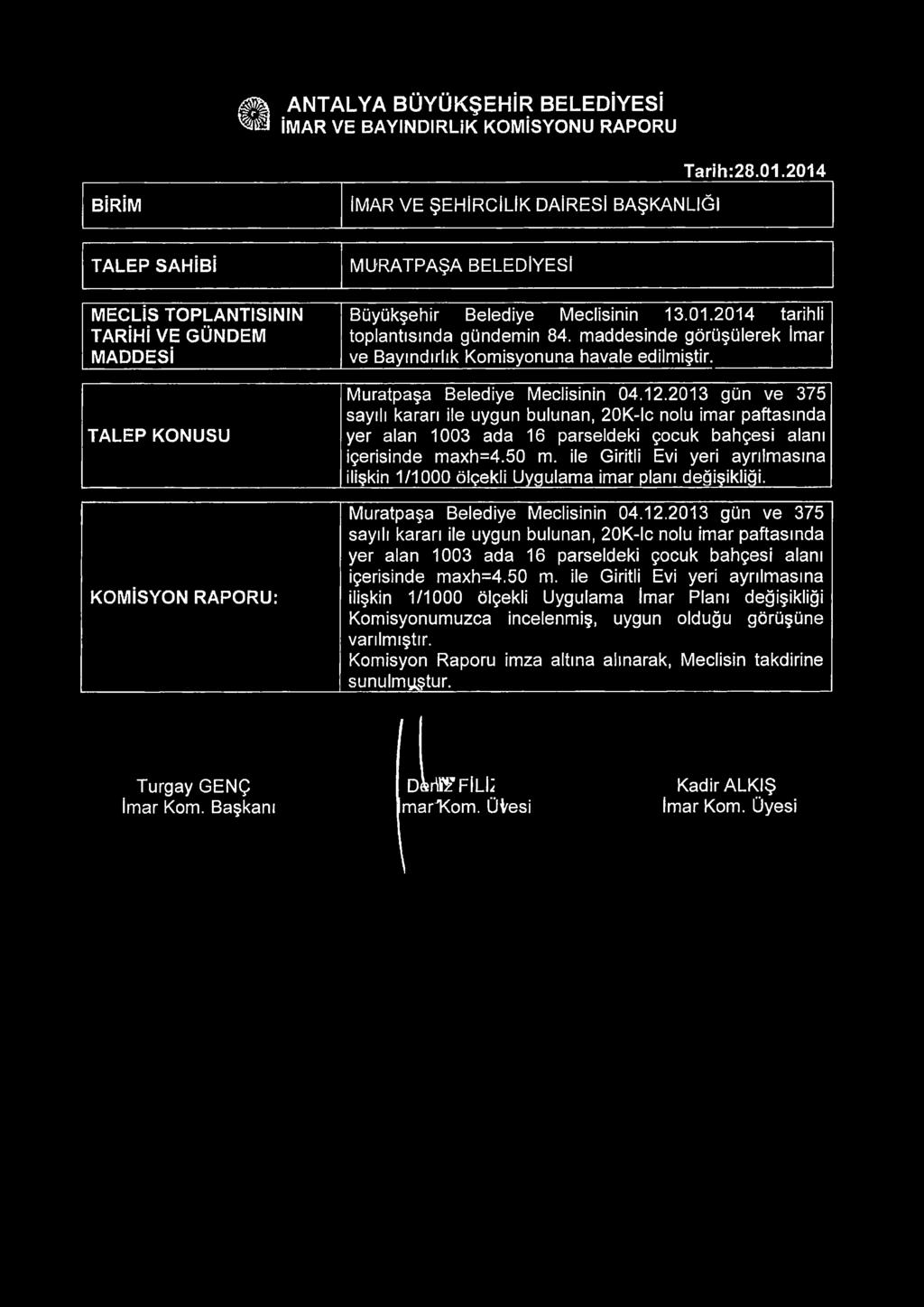 maddesinde görüşülerek İmar ve Bayındırlık Komisyonuna havale edilmiştir. Muratpaşa Belediye Meclisinin 04.12.